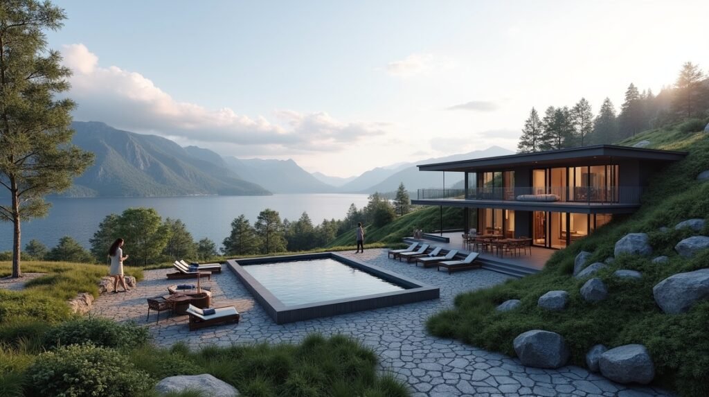 Modern Farris Bad spa hotel with pool and mountain view in Larvik