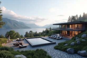 Modern Farris Bad spa hotel with pool and mountain view in Larvik