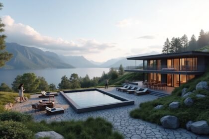 Modern Farris Bad spa hotel with pool and mountain view in Larvik