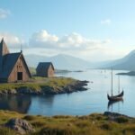 Kaupang viking város és távoli hegyek Norvégiában