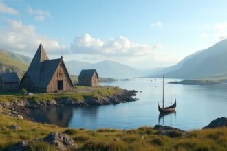 Kaupang viking város és távoli hegyek Norvégiában