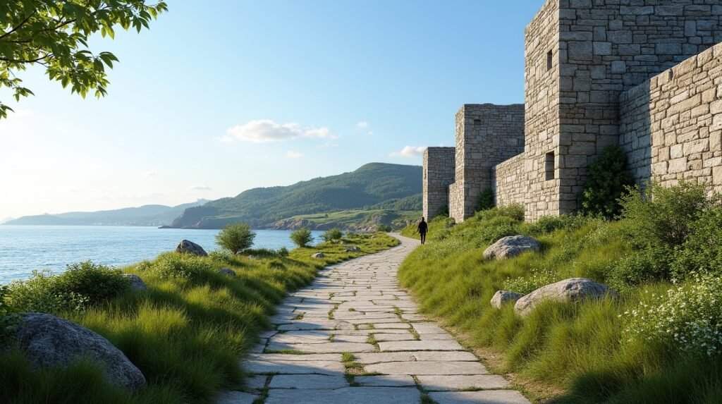 Séta a Stavern erődítmény közelében Larvikban, Norvégiában