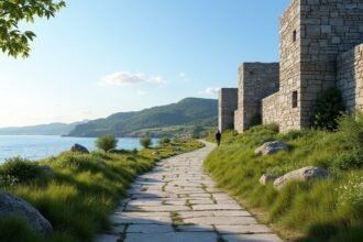 Séta a Stavern erődítmény közelében Larvikban, Norvégiában