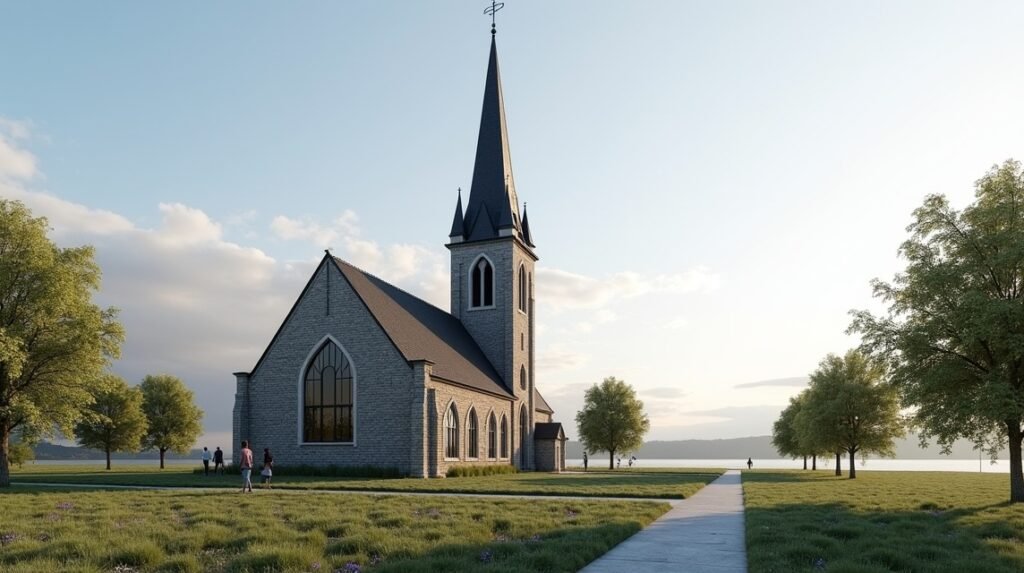 Larvik Templom a zöld mezőn, naplementében, látogatók körében.