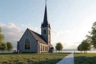 Larvik Templom a zöld mezőn, naplementében, látogatók körében.