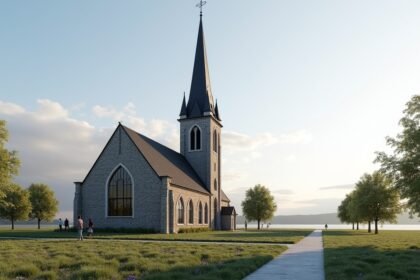 Larvik Templom a zöld mezőn, naplementében, látogatók körében.