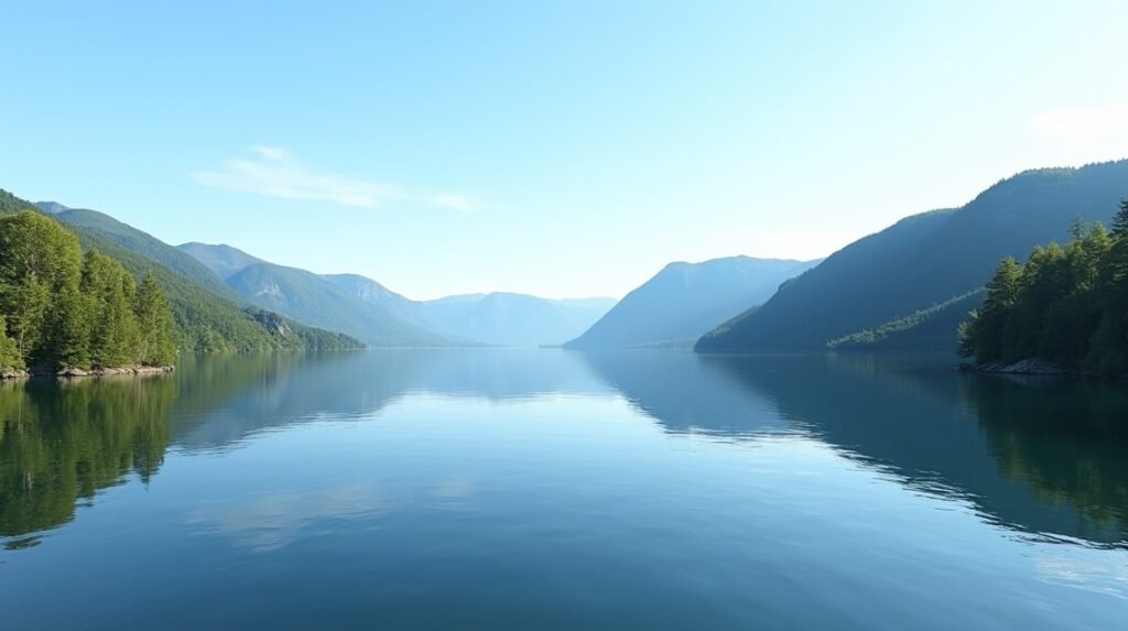A Farris-tó kristálytiszta vize és lenyűgöző hegyvonulatai.