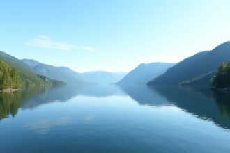 A Farris-tó kristálytiszta vize és lenyűgöző hegyvonulatai.
