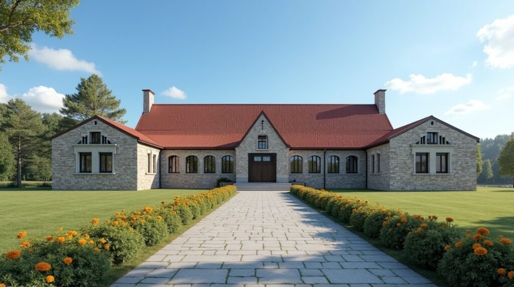 A Minnehallen emlékcsarnok Stavernben, Norvégiában, nyugodt környezetben.