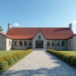 A Minnehallen emlékcsarnok Stavernben, Norvégiában, nyugodt környezetben.