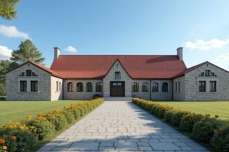 A Minnehallen emlékcsarnok Stavernben, Norvégiában, nyugodt környezetben.