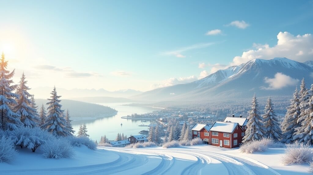 Téli táj Larvik környékén, hóval borított fák és házak.