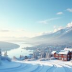 Téli táj Larvik környékén, hóval borított fák és házak.