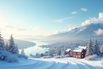 Téli táj Larvik környékén, hóval borított fák és házak.