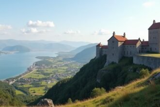 Kilátás a Fredriksten erődből Halden városára és fjordjára.