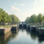 Halden csatornája és zsilipei, zöld fákkal körülvéve