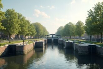 Halden csatornája és zsilipei, zöld fákkal körülvéve