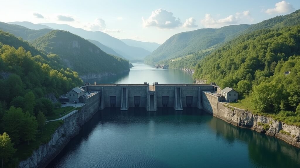 A Brekke-zsilipek látképe Haldenben, Norvégiában.