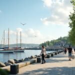 Halden kikötői sétány, színes hajók és zöld fák a vízparton.