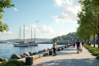 Halden kikötői sétány, színes hajók és zöld fák a vízparton.