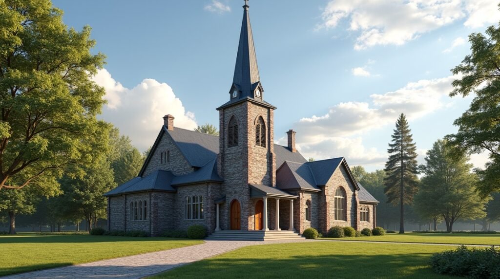 Immanuel templom Halden városában, gyönyörű zöld környezetben.