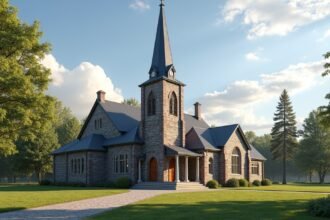 Immanuel templom Halden városában, gyönyörű zöld környezetben.