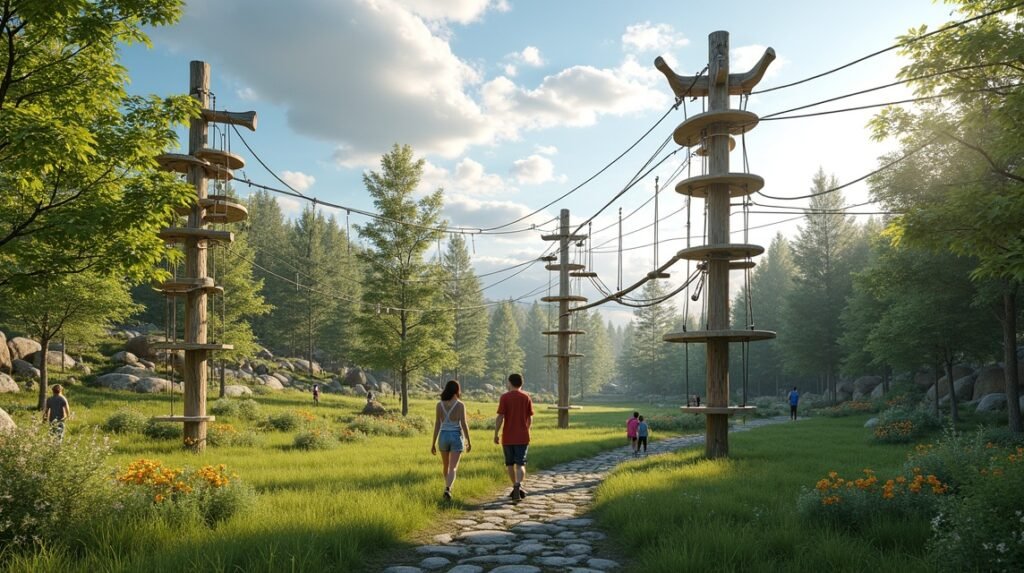 Klatring på Grensen kalandpark Halden zöld környezetben