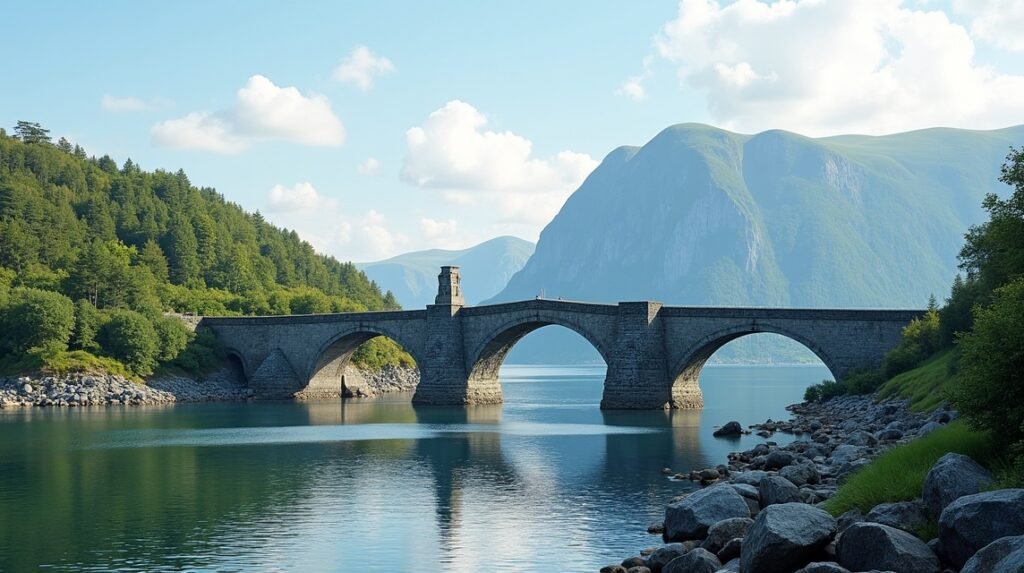 A régi Svinesund híd Halden városában, romantikus tájban.