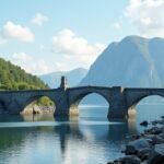 A régi Svinesund híd Halden városában, romantikus tájban.