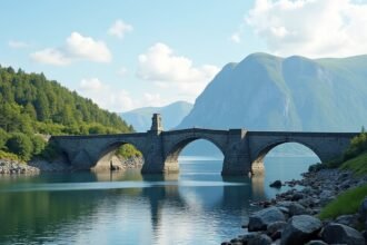 A régi Svinesund híd Halden városában, romantikus tájban.
