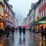 Séta Bergen színes házainál esernyővel az esőben.