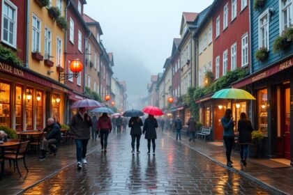 Séta Bergen színes házainál esernyővel az esőben.