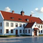 Halden Városháza impozáns homlokzata és környezete.