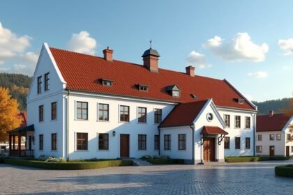 Halden Városháza impozáns homlokzata és környezete.