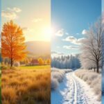 Szezonális táj Haldenben, Norvégiában: tavasz, nyár, ősz és tél