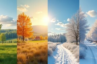 Szezonális táj Haldenben, Norvégiában: tavasz, nyár, ősz és tél