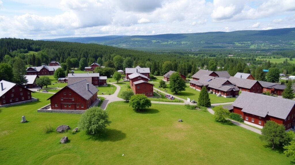 Lillehammeri Maihaugen skanzen légifotója Norvégiában, zöld tájjal.