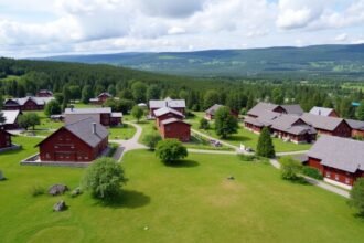 Lillehammeri Maihaugen skanzen légifotója Norvégiában, zöld tájjal.