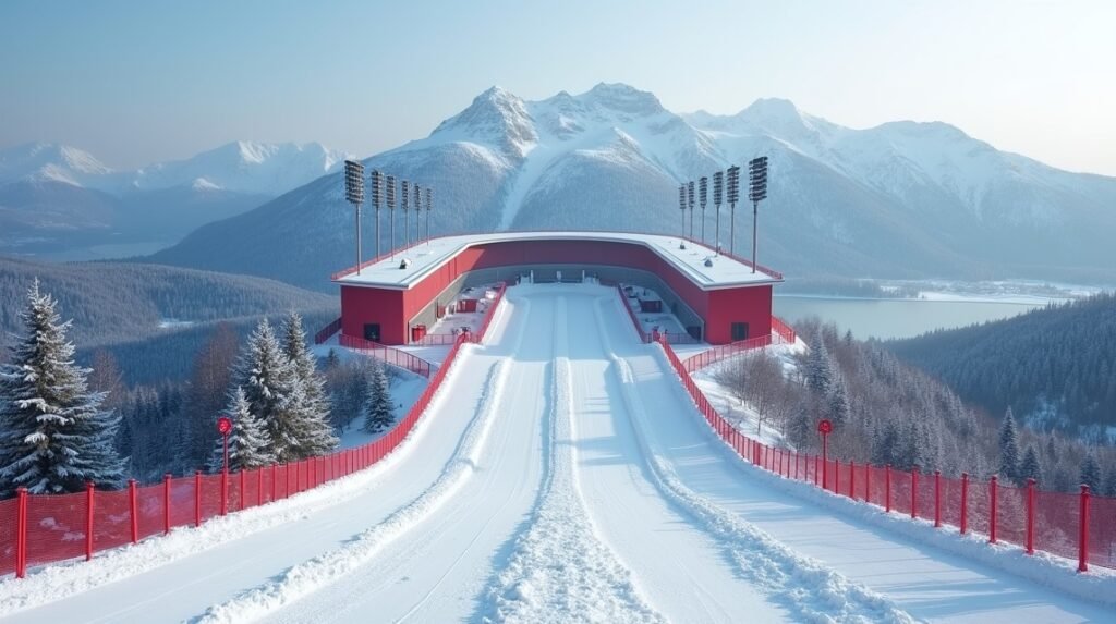 Lysgårdsbakkene síugrósánc Lillehammerben, Norvégiában, téli tájban.