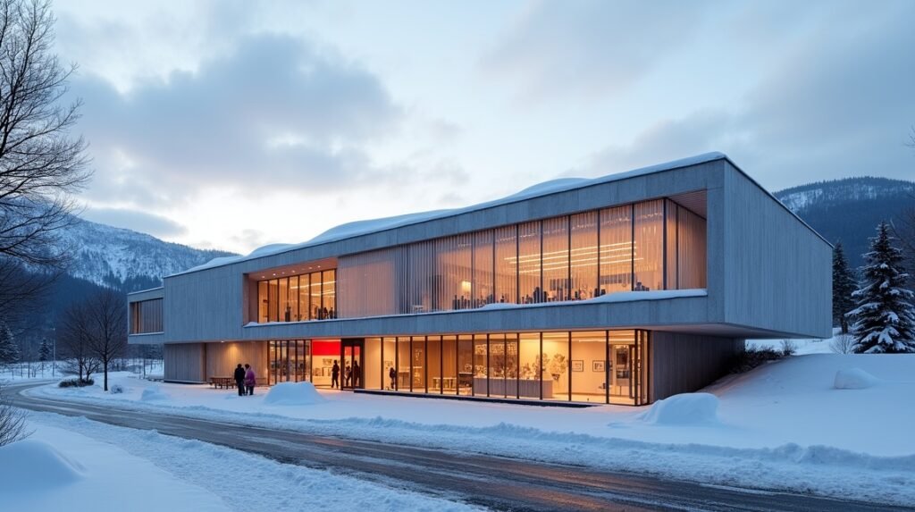 A Norvég Olimpiai Múzeum Lillehammerben, télen hóval borított környezetben.