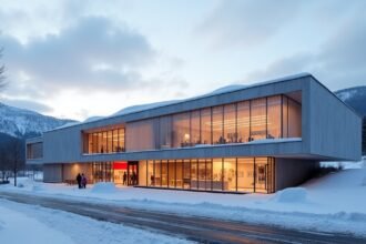 A Norvég Olimpiai Múzeum Lillehammerben, télen hóval borított környezetben.