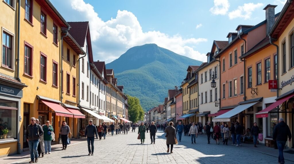 Storgata történelmi sétálóutca Lillehammerben, Norvégiában.
