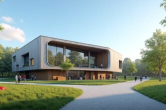 Lillehammer Művészeti Múzeum modern épülete környező zöld területen.