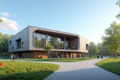 Lillehammer Művészeti Múzeum modern épülete környező zöld területen.