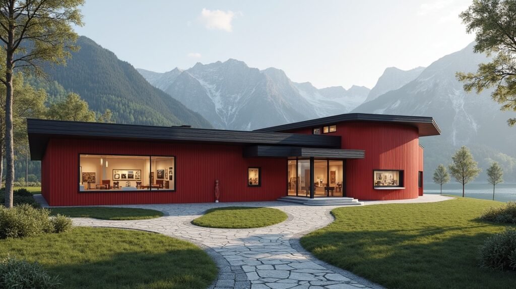 A Norvég Postamúzeum modern épülete Lillehammerben, háttérben hegyekkel.