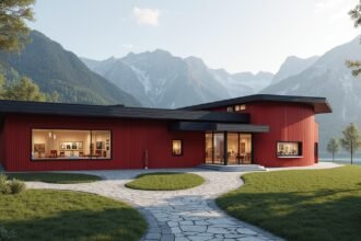 A Norvég Postamúzeum modern épülete Lillehammerben, háttérben hegyekkel.