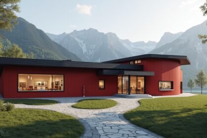 A Norvég Postamúzeum modern épülete Lillehammerben, háttérben hegyekkel.