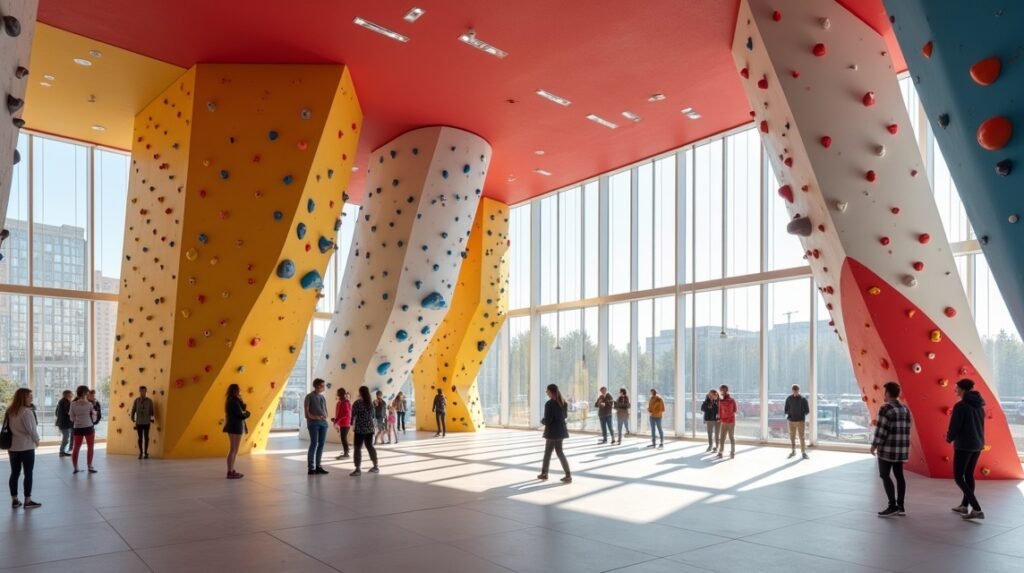 Tyrili Klatring mászóközpont belső tér, színes mászófalakkal