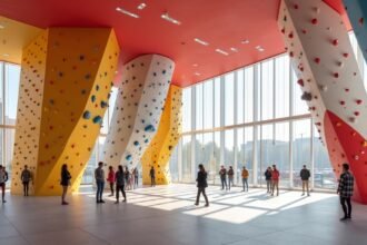 Tyrili Klatring mászóközpont belső tér, színes mászófalakkal