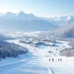 Síelők a hófedte hegyeken Lillehammer közelében, Norvégiában.